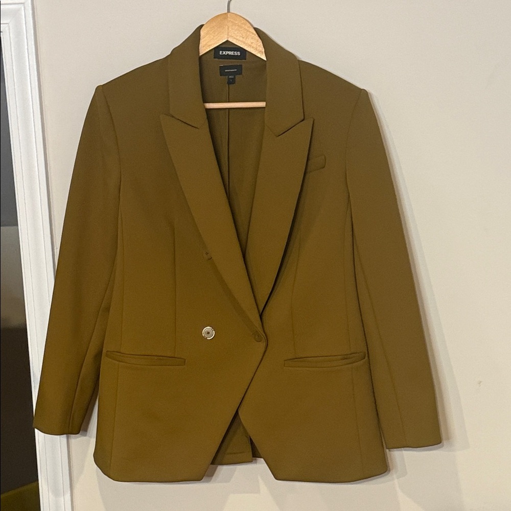 Express Supersoft Double Knit Double Breasted Blazer Oversized Boyfriend CAMEL - Picture 2 of 12
